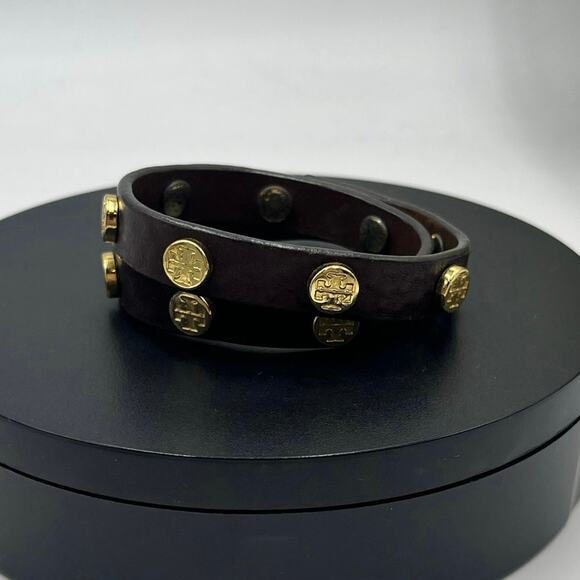 Tory Burch Jewelry Leather Brown Double Wrap Gold Logo Bracelet - Picture 1 of 7
